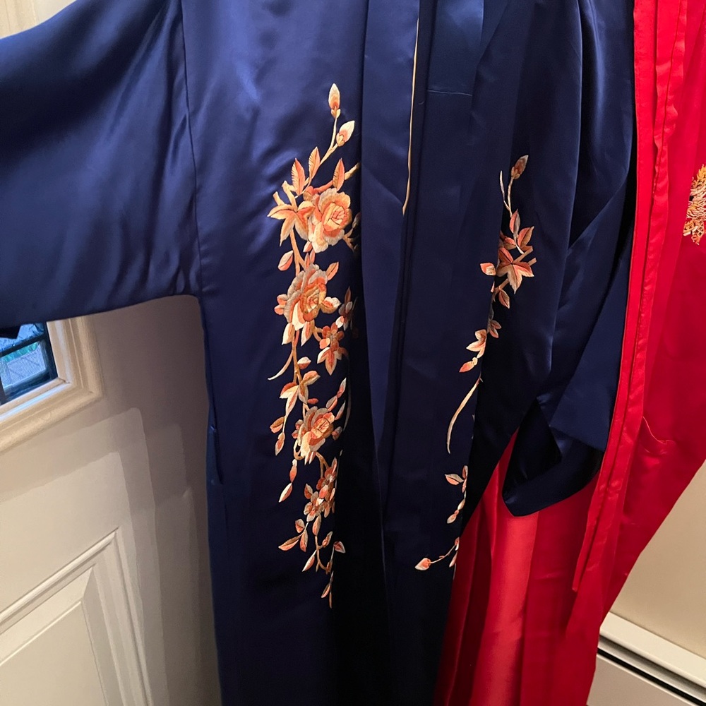 Blue and Orange Floral Embroidered Satin Robe
